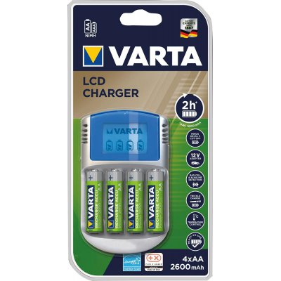 Nabíječka baterií LCD Charger na 4 aku AA/AAA s 4 Aku AA 2700mAh, adaptér 12V, Kabel USB VARTA