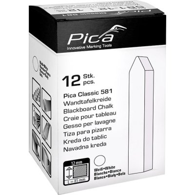 Křída na tabuli Pica- Classic bílá 12x12x85mm, hranatá ořezaná, bez papí. v kartonu 12ks Pica
