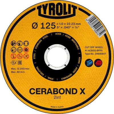Řezný kotouč CERABOND X 125 x 1,6 mm, rovný Ocel+INOX Tyrolit